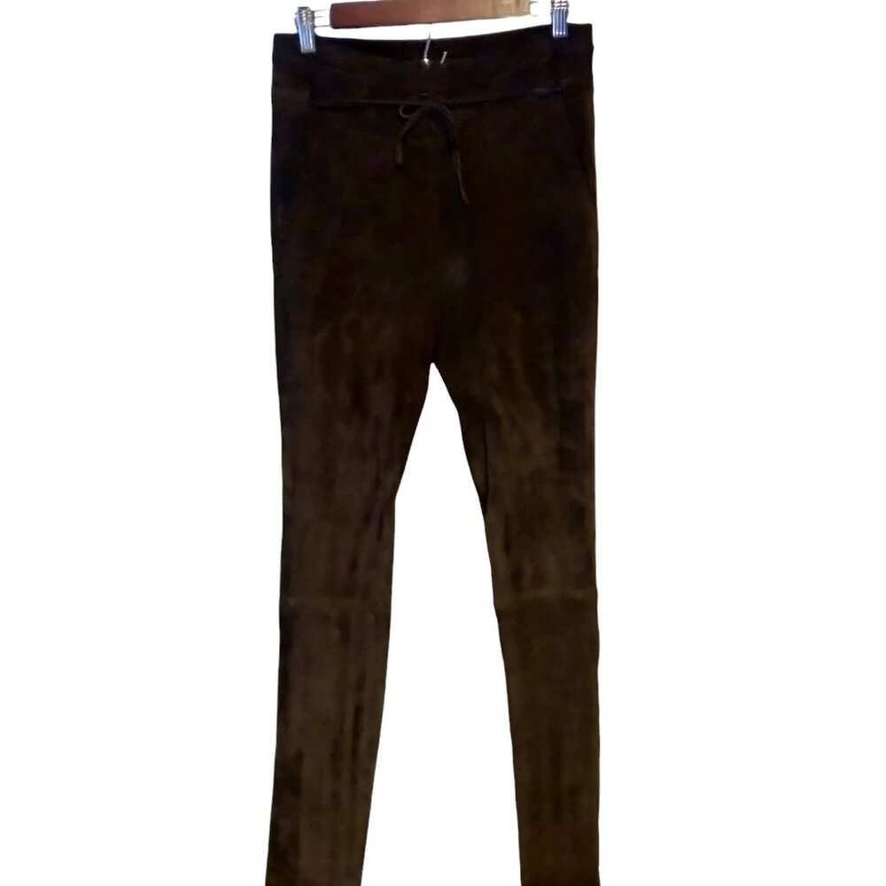 Humanoid Womens Size S Brown Lamb Leather Suede Skinny Drawstring Pockets Pants